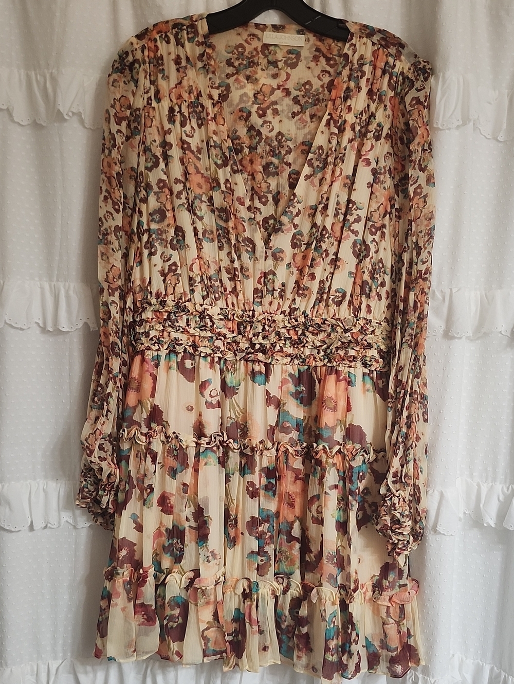 Floral Shirred Waist Long Sleeve Dress - Cream/Peach